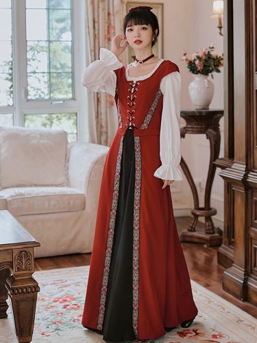 Robe longue à lacets avec ceinture et costume médiéval rétro pour femme Bourgogne - milanoo.com - Modalova