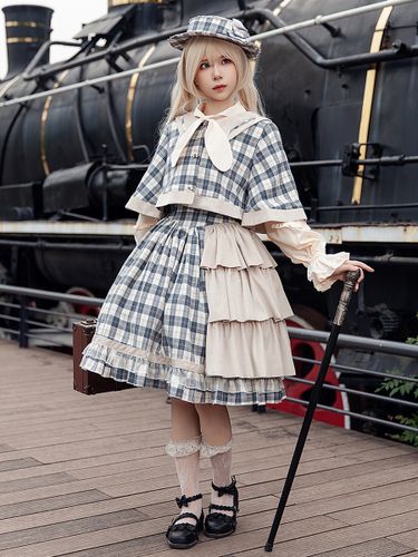 Poncho Lolita classique Infanta en coton bleu ciel clair avec nœuds et carreaux vêtements d'extérieur Lolita d'automne - milanoo.com - Modalova