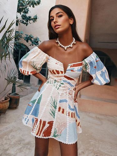 Robe mini imprimée épaules dénudées - Manches bouffantes col en V bordure en dentelle coupe évasée - Idéale pour une fête d'été à la plage - milanoo.com - Modalova