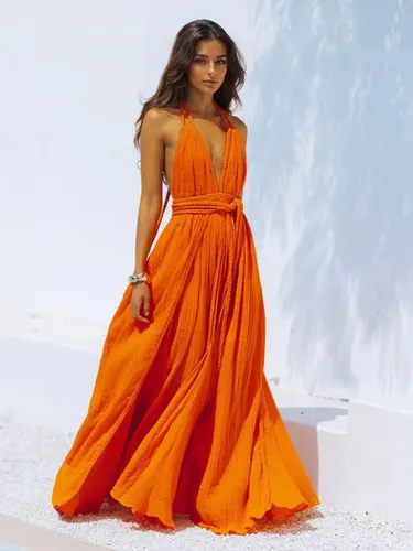 Robe maxi bohème dos nu - Robe longue sexy à décolleté plongeant en V col licou et ceinture à nouer - Collection été 2026 - milanoo.com - Modalova