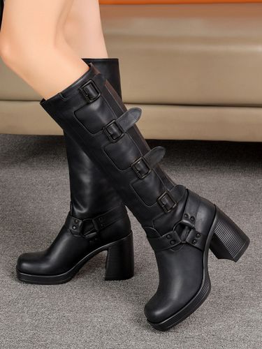 Bottes d'équitation s bout carré boucle talon épais bottes hautes au genou - milanoo.com - Modalova