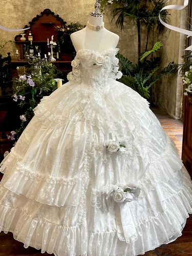 Robe de mariée Lolita princesse fée sans bretelles longue jusqu'au sol à plusieurs couches de fleurs - milanoo.com - Modalova