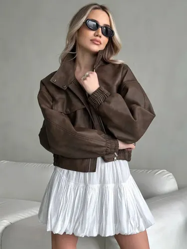 Blouson aviateur en similicuir avec col rabattu et grande poche pour l'automne 2025 - milanoo.com - Modalova