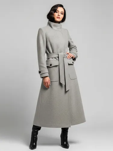 Manteau d'hiver long en laine à col montant et ceinture avec poches fonctionnelles 2026 - milanoo.com - Modalova