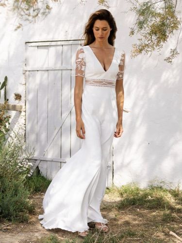 Robe de mariée simple robe de bal col en V manches courtes découpes de 20 cm - milanoo.com - Modalova