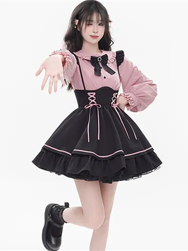 Ensemble de pièces de remorquage Subculture jupe mignonne à lacets avec volants mini-jupe taille haute Yami Kawaiis produite en série - milanoo.com - Modalova