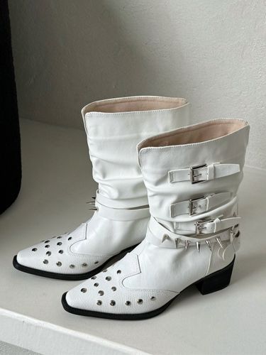 Bottines blanches à bout carré ornées de perles et d'une boucle - milanoo.com - Modalova