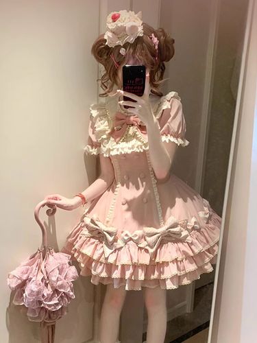 Robe Sweet Lolita rose à manches courtes volants et nœuds avec chapeau - milanoo.com - Modalova