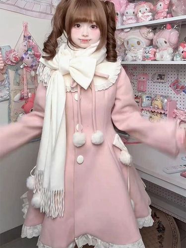 Manteau Sweet Lolita à pompons pardessus manteau d'hiver Lolita avec écharpe - milanoo.com - Modalova