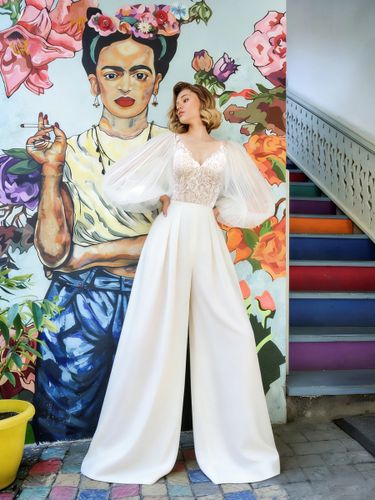Combinaison de mariée en tulle et dentelle longue jusqu'au sol col en V manches longues taille naturelle blanche - milanoo.com - Modalova