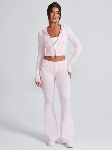 Ensemble deux pièces 2026 : sweat à capuche court zippé en maille et pantalon évasé - milanoo.com - Modalova