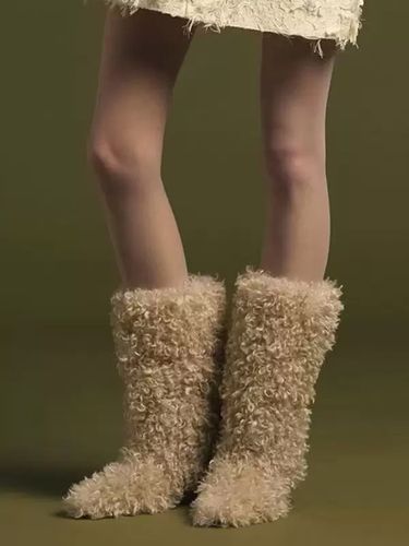 Bottes mi-mollet à talon plat et bout rond en laine d\'agneau écrue et blanches - milanoo.com - Modalova