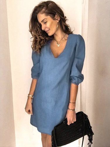 Robe Eté Courte à Col Décolleté en V avec Manches Mi-longues Unicolore Robe Droite Robe de Plage - milanoo.com - Modalova