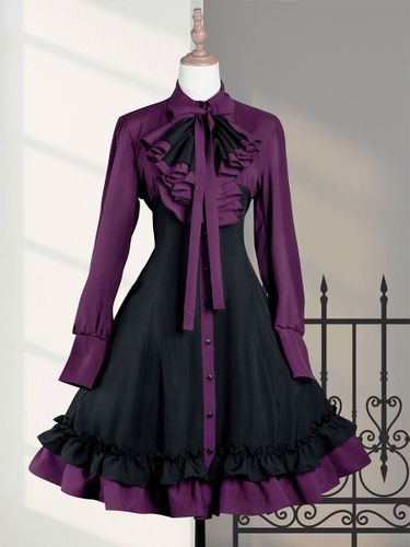 Gothique Lolita OP Robe Noir Rouge à Volant Manche Longue Robe Classique Vintage Déguisement Halloween - milanoo.com - Modalova