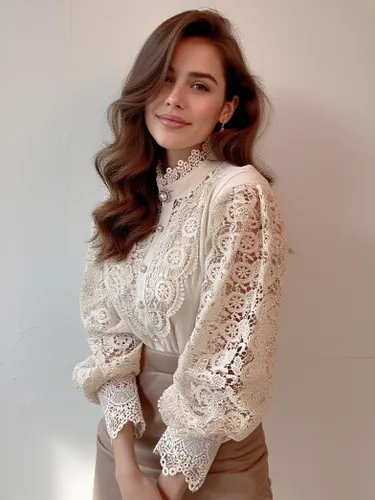 Chemisier Rose Dentelle Découpé Col Haut Décontracté Manches Longues Dentelle Tops - milanoo.com - Modalova