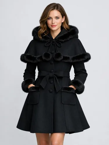 Manteau en laine mélangée bordé de fausse fourrure et ceinturé avec cape à capuche 2026 - milanoo.com - Modalova