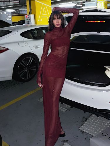 Robe longue en résille strass - Robe moulante transparente à col montant et manches longues - Tenue de soirée d'été 2026 - milanoo.com - Modalova