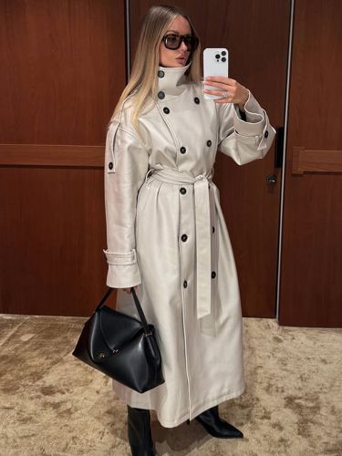 Trench-coat à col cheminée - Manteau crème croisé à épaules tombantes et ceinture - Vêtements d'extérieur printemps 2026 parfaits pour le bure - milanoo.com - Modalova