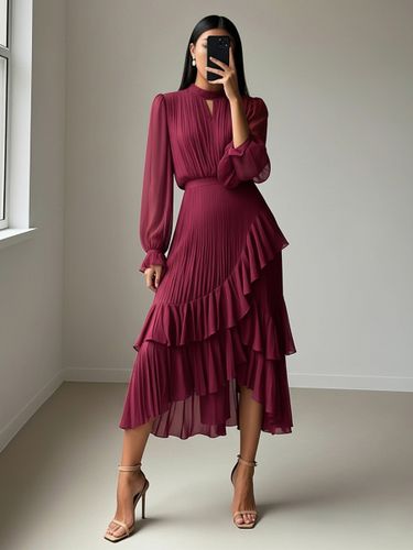 Robe midi plissée élégante - Robe en mousseline à volants superposés - Tenue d'invitée de mariage printanier 2026 - milanoo.com - Modalova
