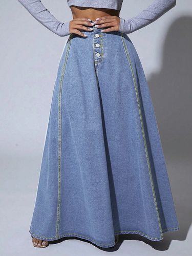 Jupe longue maxi en jean à empiècements taille haute - Jupe longue évasée bleue style bohème avec boutons - Collection printemps-été 2026 - milanoo.com - Modalova