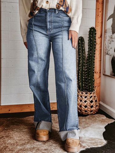 Jean large à revers - Denim droit bleu style western bohème taille haute coutures sur le devant - Collection printemps 2026 - milanoo.com - Modalova