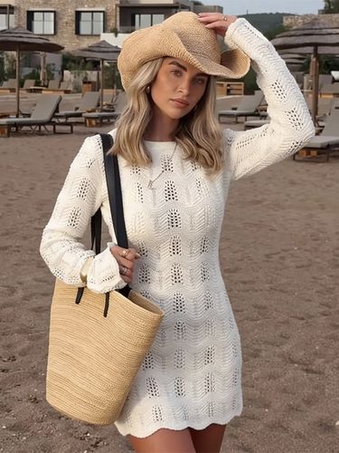 Robe de plage mini en maille crochet - Robe moulante blanche ajourée à manches longues - Vacances d'été à la plage 2026 - milanoo.com - Modalova