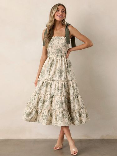 Robe midi fleurie à smocks - Robe d'été sauge bohème à épaules dénudées et volants étagés - Idéale pour les vacances d'été à la plage 20 - milanoo.com - Modalova