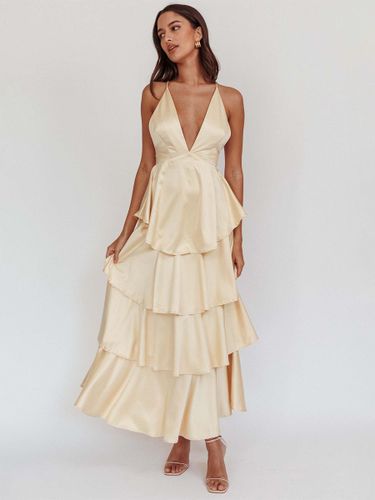 Robe longue à volants et décolleté plongeant - Robe en satin à dos croisé et volants superposés - Tenue de soirée d'été 2026 - milanoo.com - Modalova
