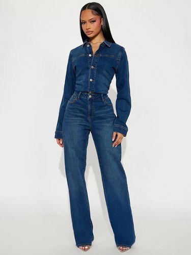 Combinaison en jean à manches longues - Délavage foncé vintage coupe slim jambes droites fermeture boutonnée - Printemps/Été 2026 - milanoo.com - Modalova