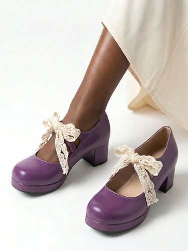 Escarpins Sweet Lolita Mary Jane à nœuds bride en dentelle talon compensé en cuir verni - milanoo.com - Modalova