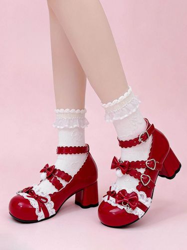 Escarpins Lolita Sweet lacets roses nœuds bout rond cuir PU talon compensé - milanoo.com - Modalova