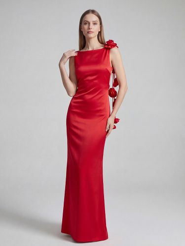 Robe de soirée longue élégante à rosettes - Robe moulante en satin dos nu ornée de fleurs 3D - Bal de promo d'été 2026 - milanoo.com - Modalova