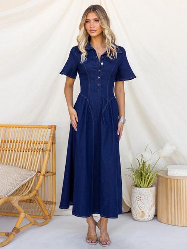 Robe longue en jean boutonnée sur le devant - Robe en jean style bohème coupe trapèze et manches courtes - Tenue décontractée d'été 2026 - milanoo.com - Modalova