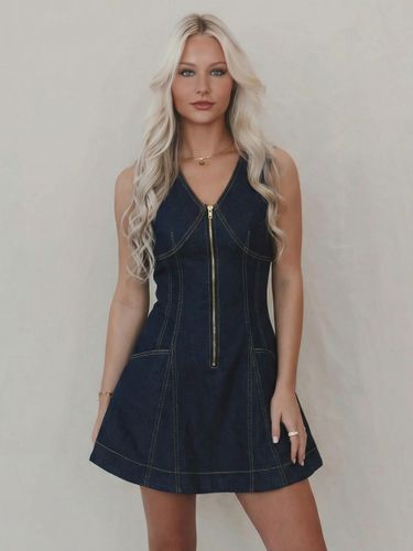 Robe mini en jean sans manches - Robe d'Ã©tÃ© foncÃ© style western avec fermeture Ã©clair sur le devant et coupe ajustÃ©e - Festival de musique d'Ã©tÃ - milanoo.com - Modalova