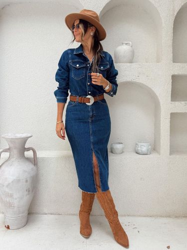Robe midi en jean à manches longues - Robe moulante style western boutonnée sur le devant et fendue sur le devant - Collection printemps 2026 - milanoo.com - Modalova