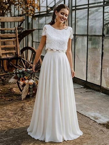 Robe de mariée deux pièces en crêpe stretch col rond longueur au sol fermeture éclair manches courtes - milanoo.com - Modalova