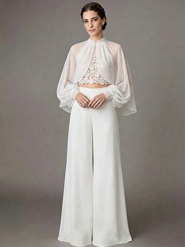 Robe de mariée trois pièces en dentelle col rond manches longues longueur au sol - milanoo.com - Modalova