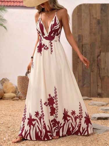 Robe longue fluide à bretelles spaghetti imprimé floral crème bordeaux décolleté en V profond idéale pour l'été et la plage - milanoo.com - Modalova