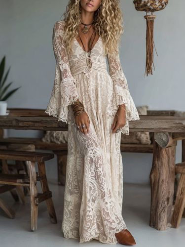Robe longue bohème en dentelle florale - col en V taille empire manches évasées - Collection printemps-été 2026 - milanoo.com - Modalova