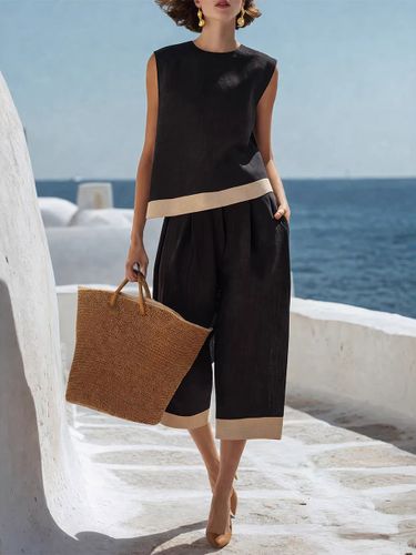 Ensemble deux pièces noir décontracté style streetwear haut sans manches à col rond et pantalon - milanoo.com - Modalova