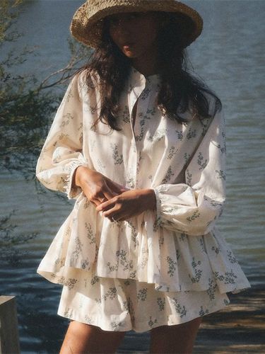 Ensemble deux pièces blanc écru imprimé chic style streetwear col rond manches bouffantes manches longues pantalon - milanoo.com - Modalova
