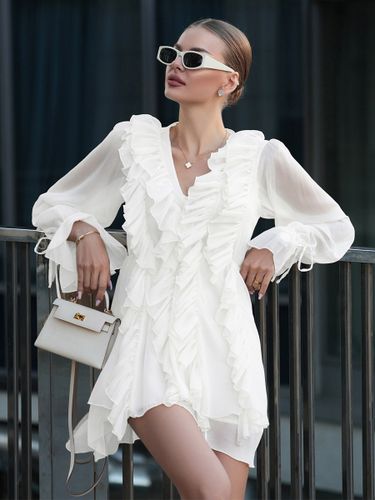 Chemise blanche à volants col en V manches longues élégantes - milanoo.com - Modalova
