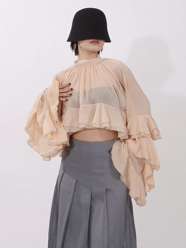 Blouse couleur saumon à volants plissée col montant manches longues chic - milanoo.com - Modalova