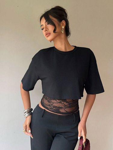 T-shirt à manches courtes en dentelle à col montant - milanoo.com - Modalova