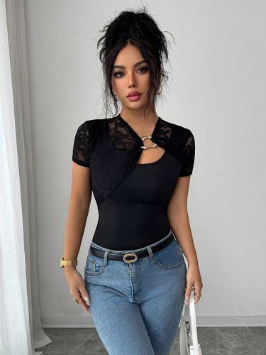 T-shirt à manches courtes en dentelle à col asymétrique - milanoo.com - Modalova