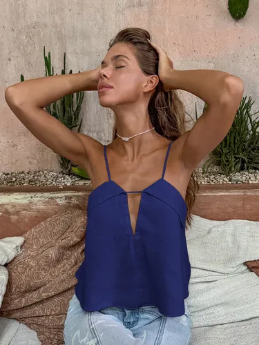 Débardeur bleu marine à bretelles col plissé chic en lin - milanoo.com - Modalova