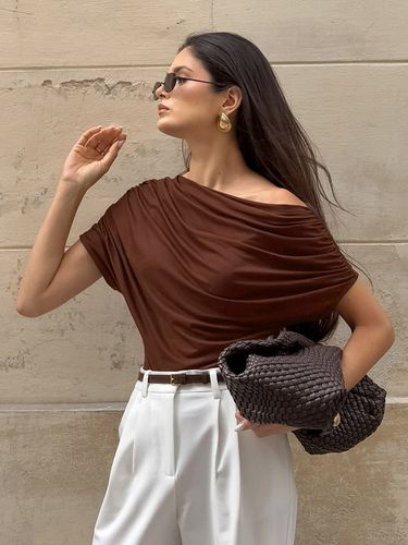 Blouse en coton marron épaules dénudées manches courtes froncées style décontracté - milanoo.com - Modalova