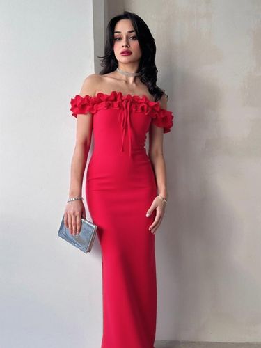 Robe de soirée maxi rouge à épaules dénudées et volants chic et semi-formelle idéale pour l'été - milanoo.com - Modalova