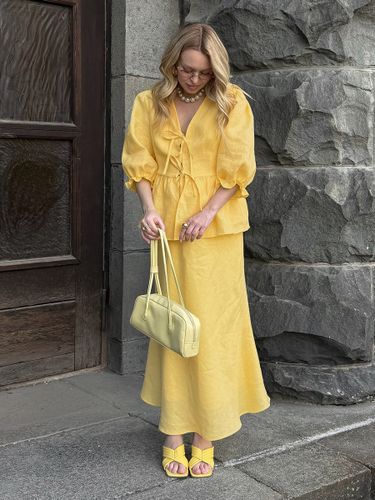 Ensemble deux pièces jaune décontracté streetwear : jupe à col V et manches bouffantes 3/4 - milanoo.com - Modalova