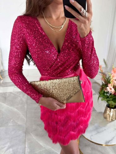 Robe de soirée rose col en V sequins manches longues polyester robe sexy - milanoo.com - Modalova